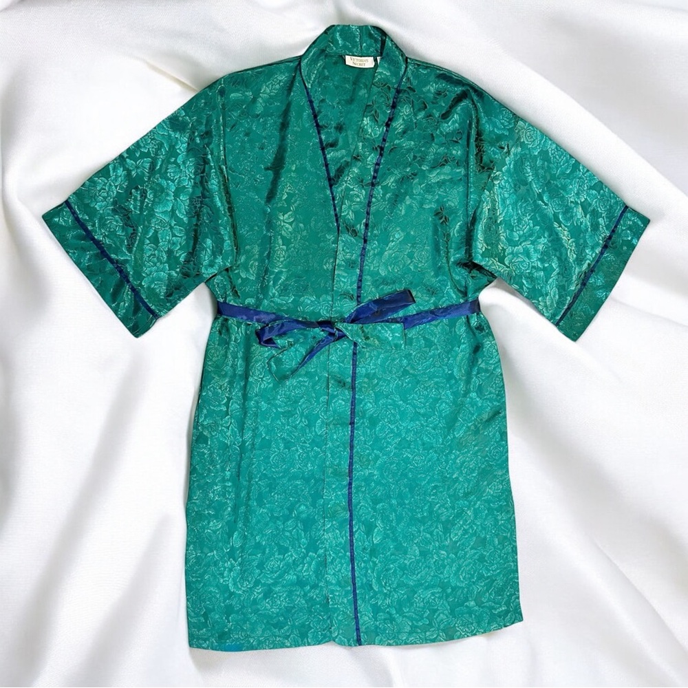 Vintage 80’s Gold Label Victorias Secret Emerald And Navy Jacquard Rose Robe